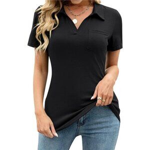 Womens V Neck Polo Shirts Short Sleeve Collared Tops Loose Casual Tunic Blouses